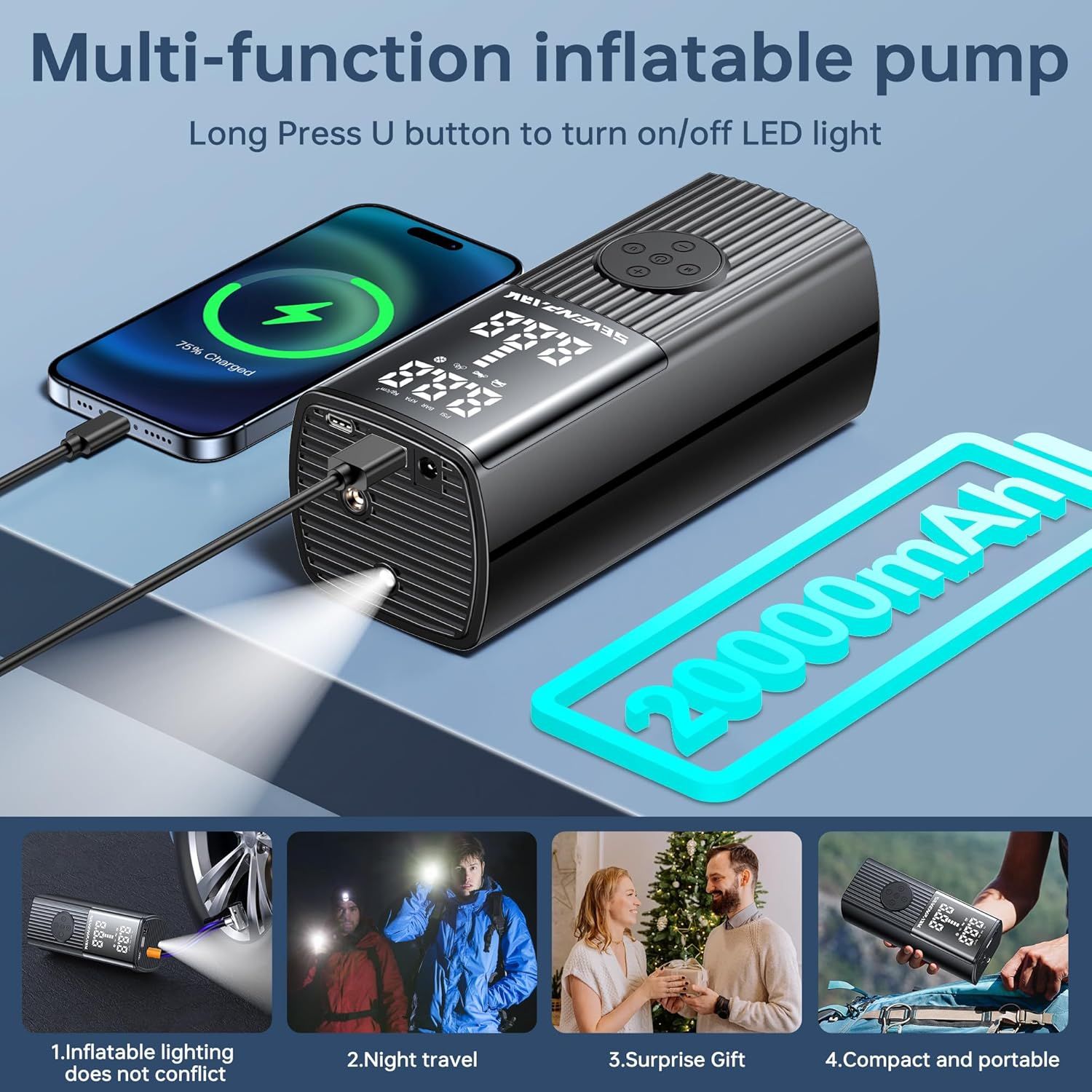 Sevenpark Tire Portable Inflator 20000 Mah Air Compressor P0008 - Black by Sevenpark - Image 2