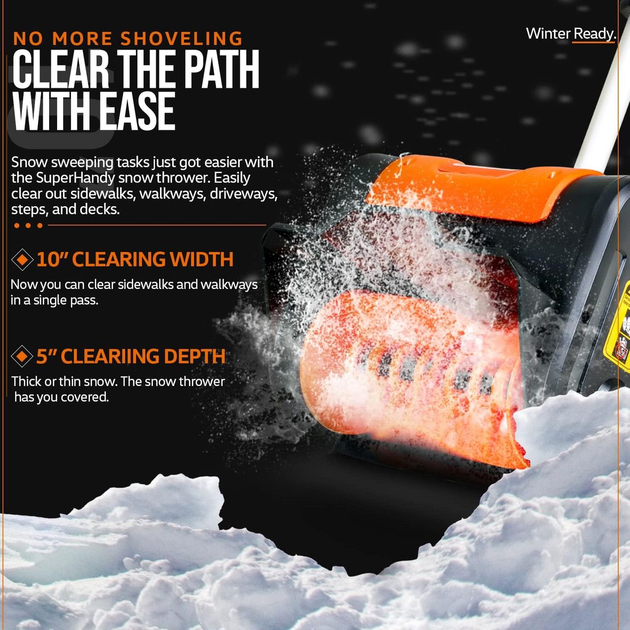 SuperHandy GUT055 Electric Snow Thrower & Shovel 20V 2Ah Cordless Battery System - Black/Orange by SuperHandy - Image 2