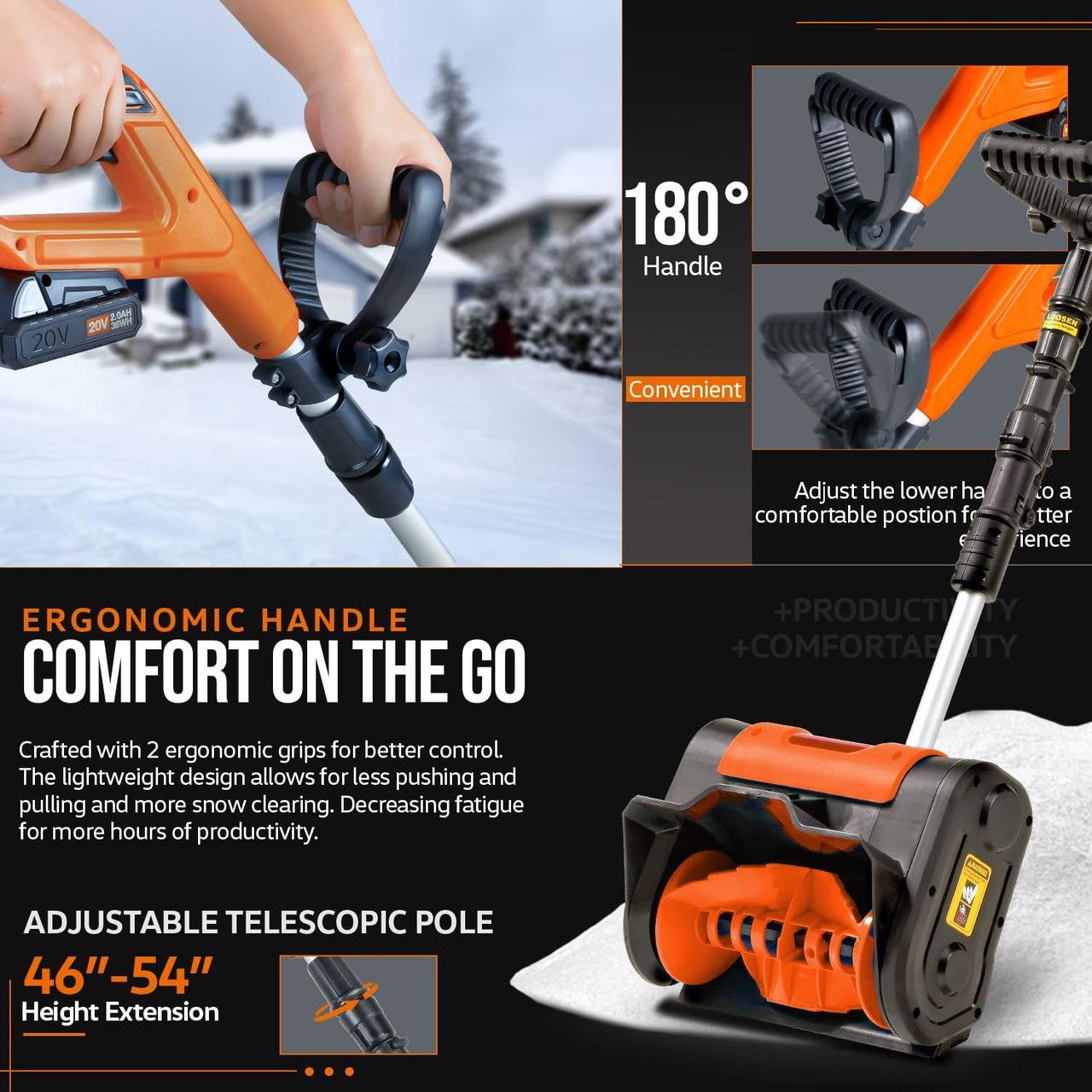 SuperHandy GUT055 Electric Snow Thrower & Shovel 20V 2Ah Cordless Battery System - Black/Orange by SuperHandy - Image 3