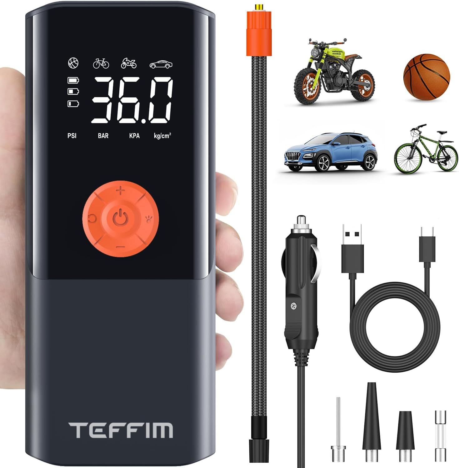 Teffim Tire Inflator Portable Digital Pressure Gauge 10000mAh CZK-3690 - Black by Teffim - Refurbished - Very Good condition - US$32.13