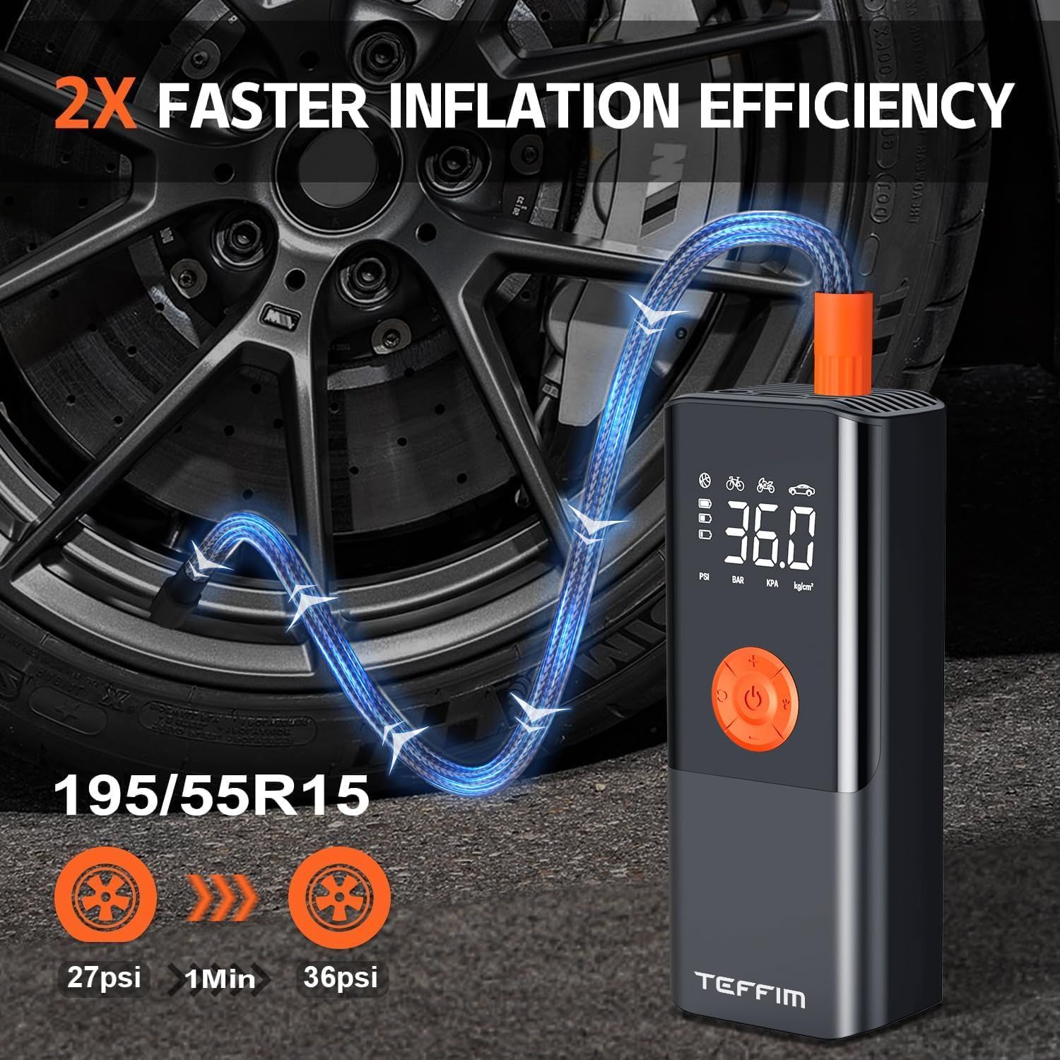 Teffim Tire Inflator Portable Digital Pressure Gauge 10000mAh CZK-3690 - Black by Teffim - Image 3