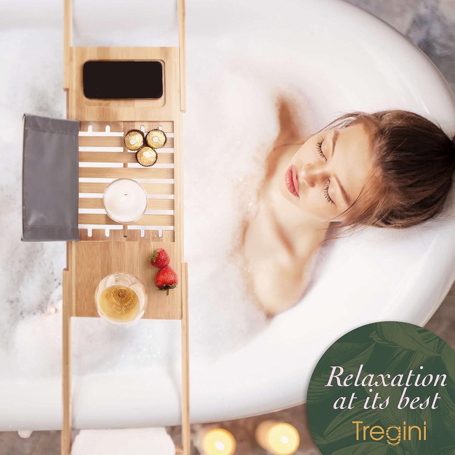Tregini Luxury Bathtub Adjustable Bamboo Wood Tray Caddy - Brown by Tregini - Image 2