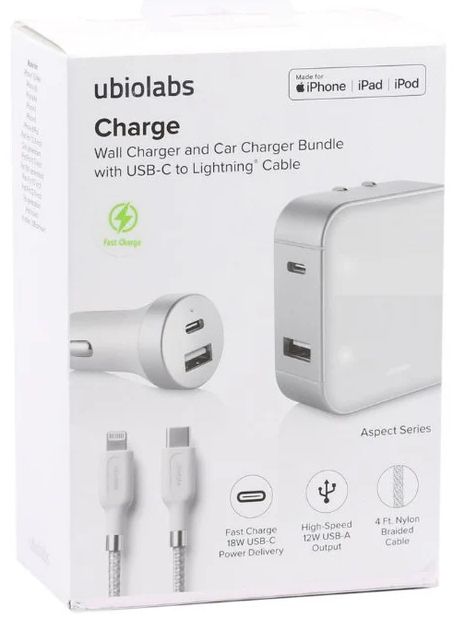Ubio Labs Charge Wall Charger and Car Charger Bundle with USB-C to Lightning Cable - White by Ubio Labs - Refurbished - Brand New condition - US$19.94