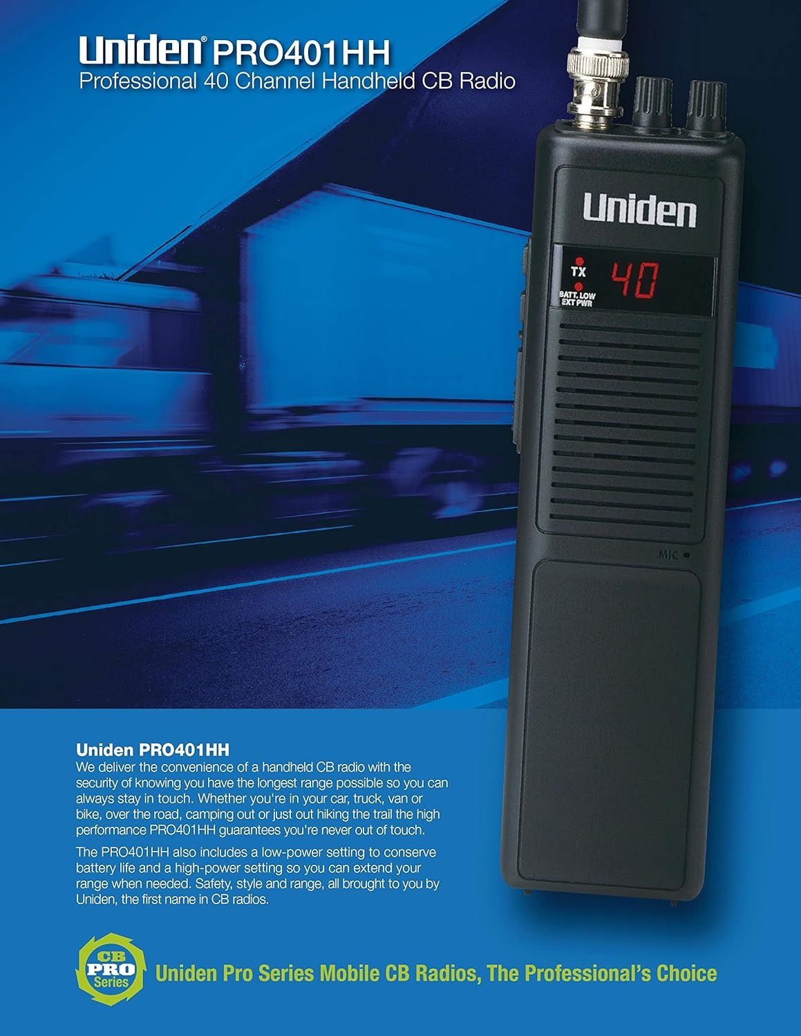 Uniden PRO401HH Professional Series 40 Channel Handheld CB Radio - Black by Uniden - Image 2