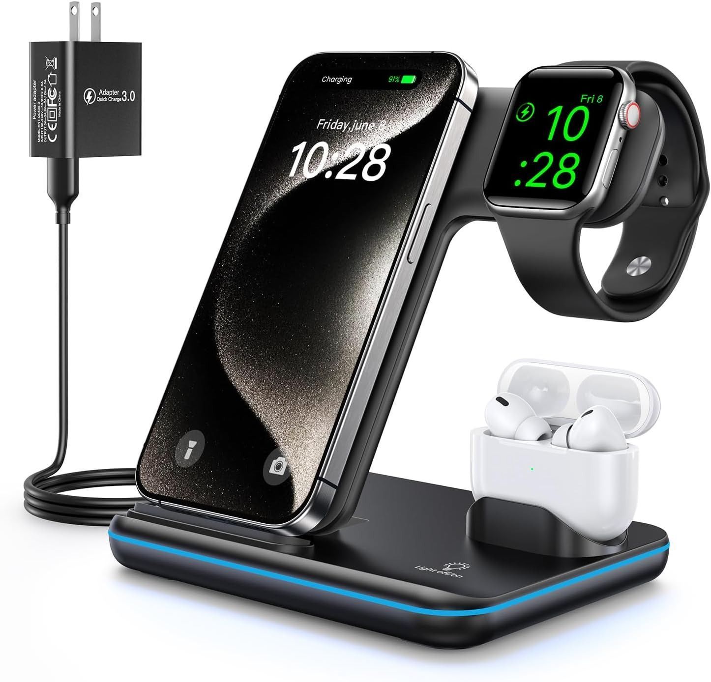 WAITIEE Wireless Charger 3-in-1 15W Fast Charging Station - Black by WAITIEE - Refurbished - Very Good condition - US$21.63