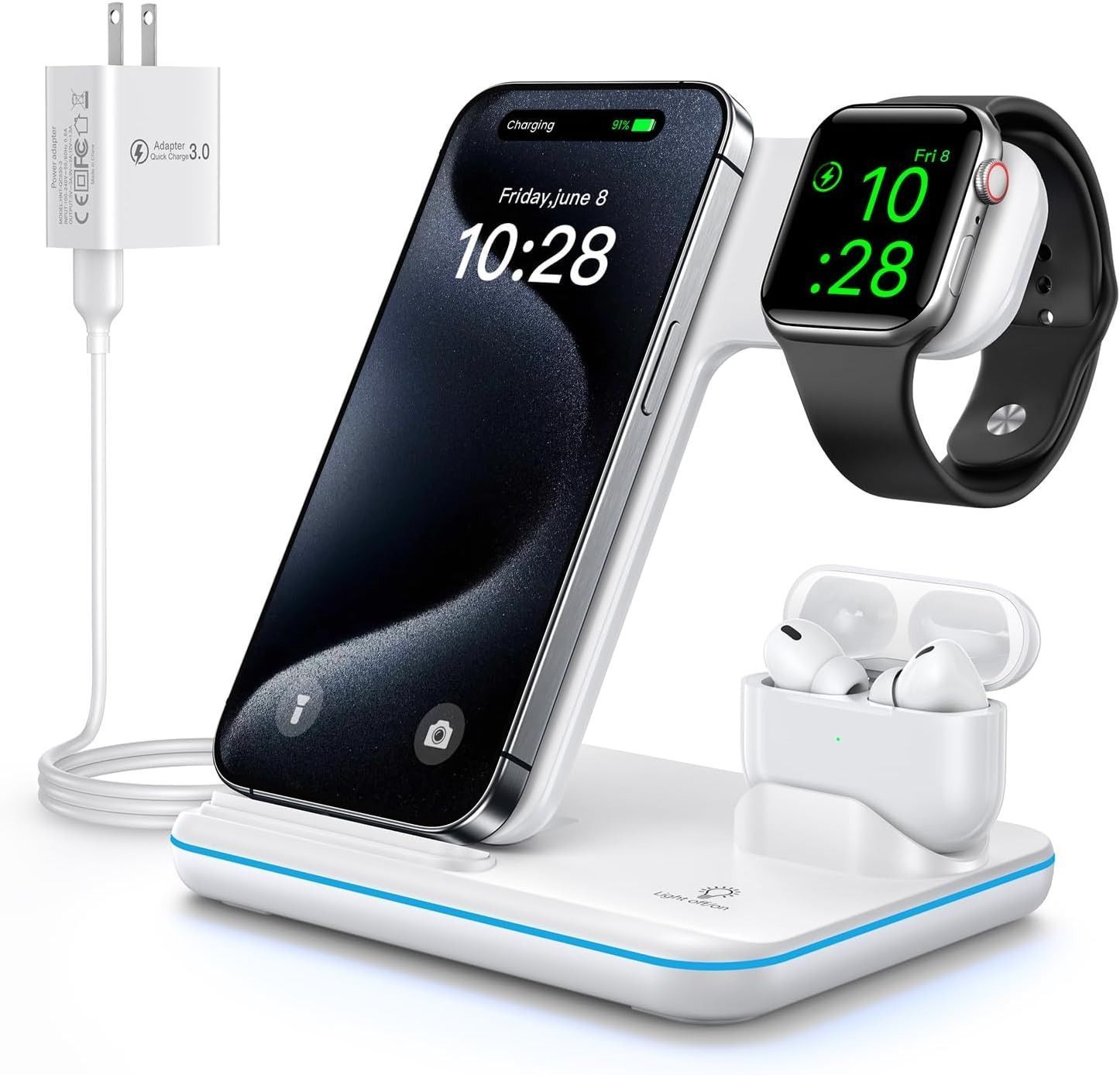 WAITIEE Wireless Charger 3-in-1 15W Fast Charging Station - White by WAITIEE - Refurbished - Very Good condition - US$26.88